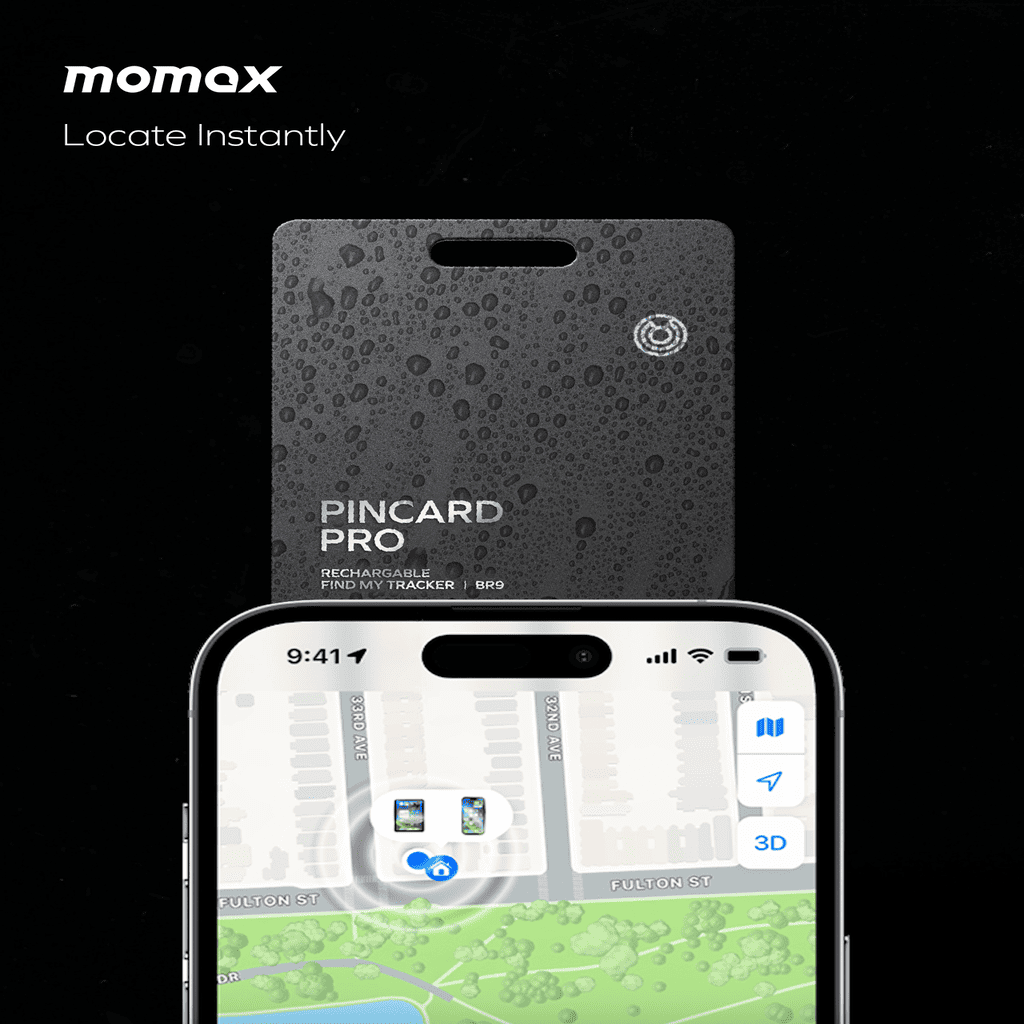Momax Pincard Pro tracker packaging with smartphone displaying tracking app interface on a black background