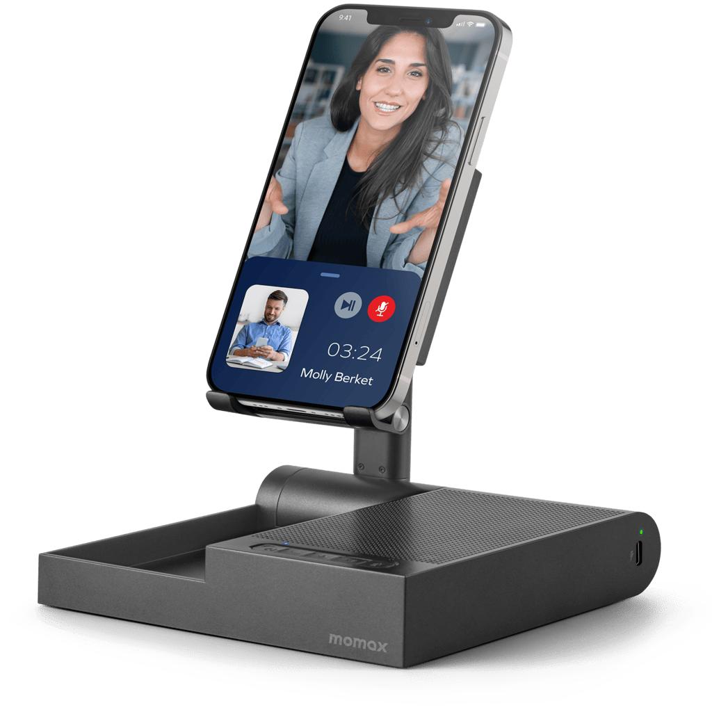 Phone stand with screen displaying a video call on a white background
