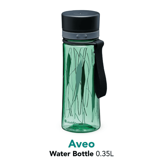 Green water bottle with black lid and handle on a white background, featuring the Aveo brand.