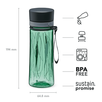 Green water bottle with black lid and measurement details on a white background