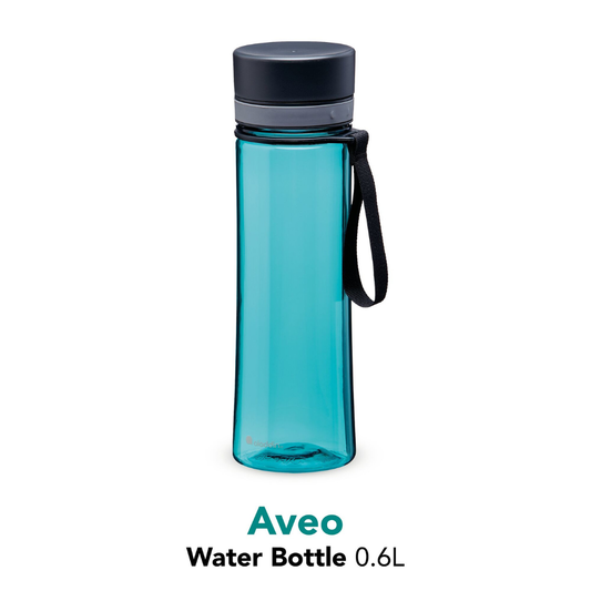 Blue water bottle with black cap and handle on a white background, featuring the Aveo brand.