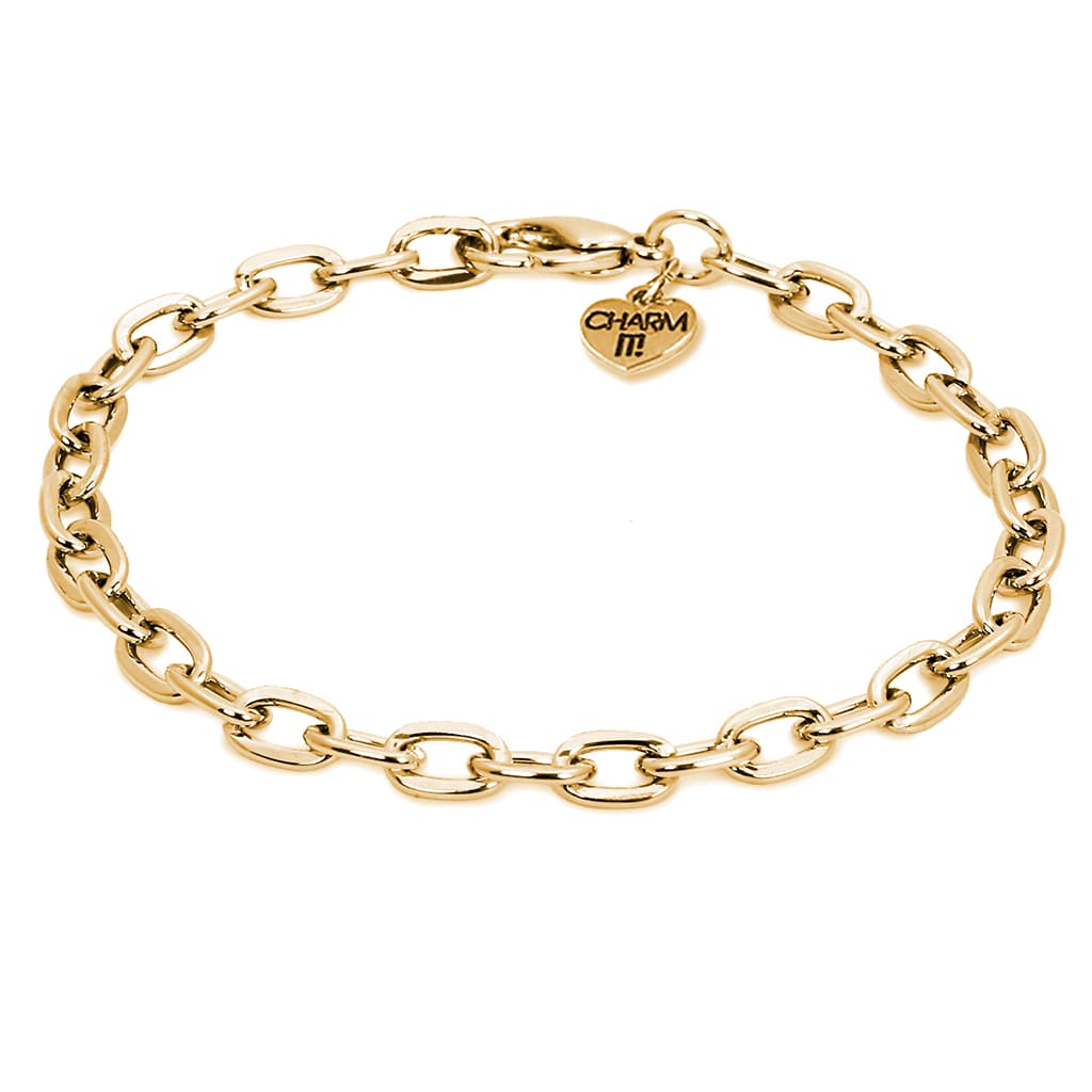 Gold chain bracelet with a heart-shaped charm on a white background