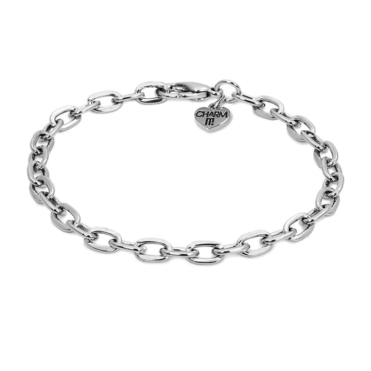 Silver chain bracelet with a heart-shaped charm on a white background