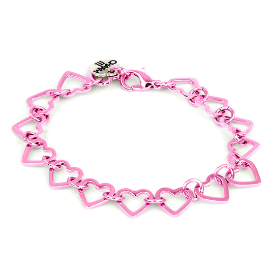 Pink heart-shaped chain bracelet on a white background