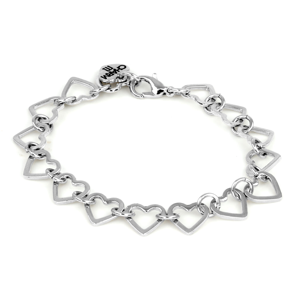Silver heart-shaped bracelet on a white background