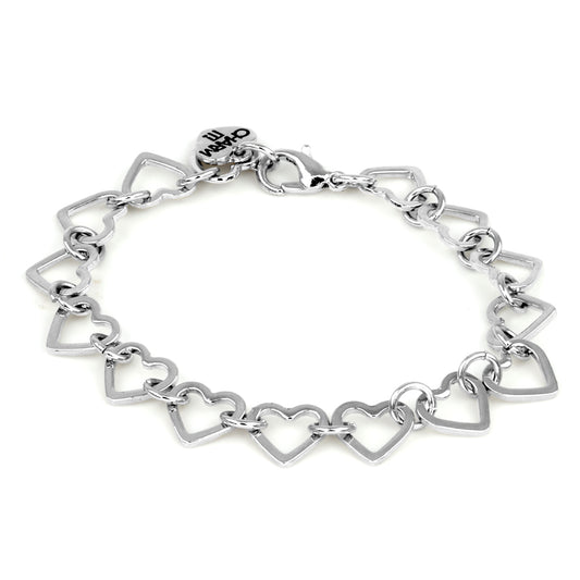Silver heart-shaped bracelet on a white background