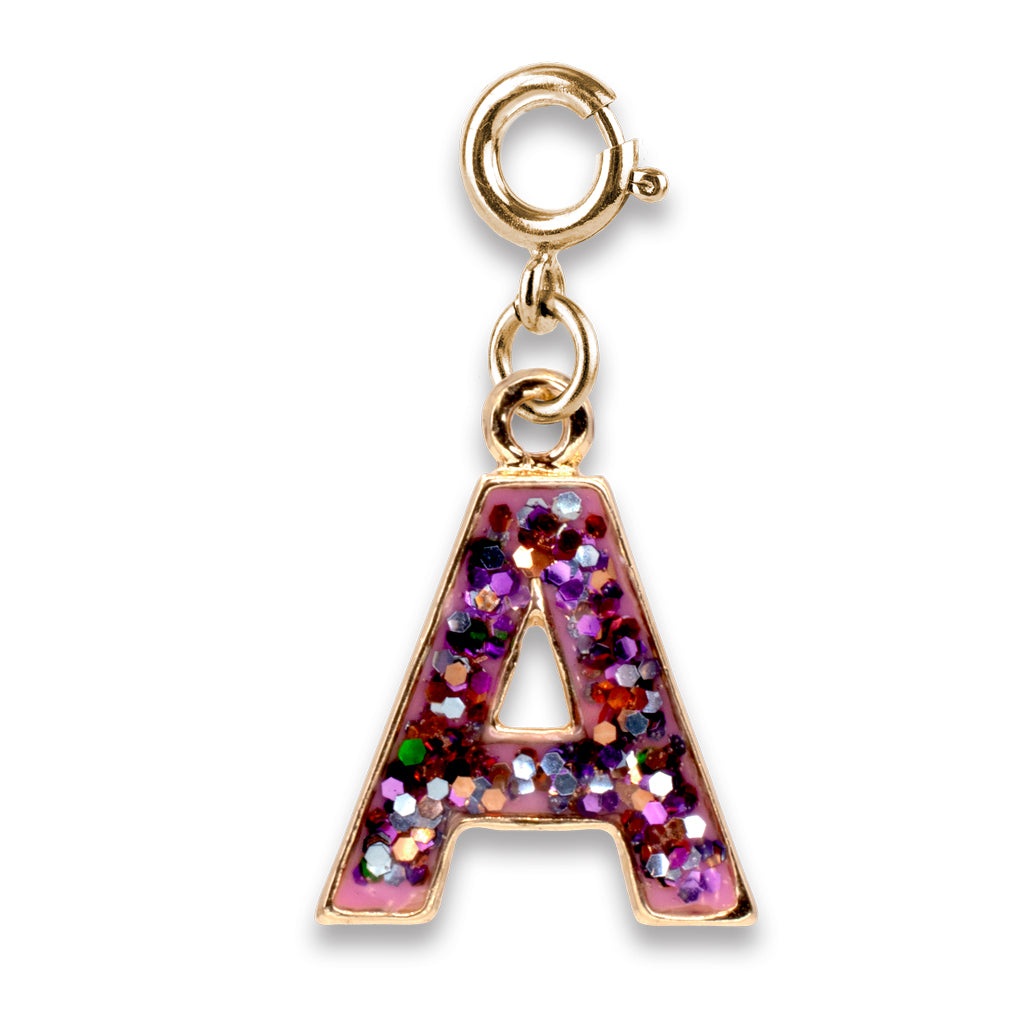 Gold charm with a letter 'A' made of glittery material on a white background