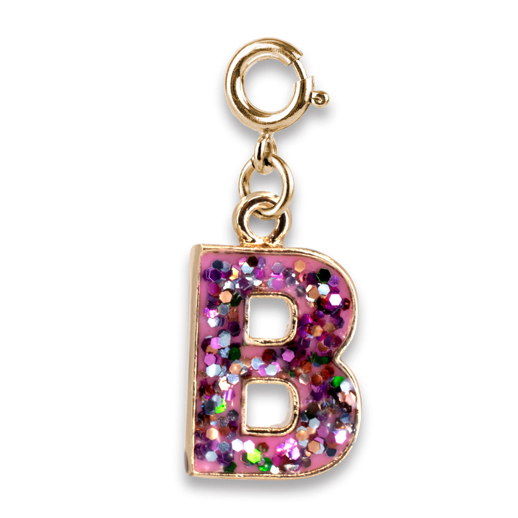 Gold charm with a pink glittery letter 'B' on a white background
