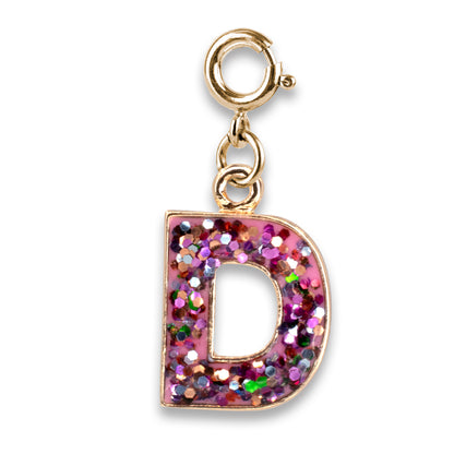 Gold charm with a glittery letter 'D' on a white background