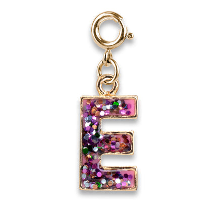 Gold charm with a glittery letter 'E' on a white background