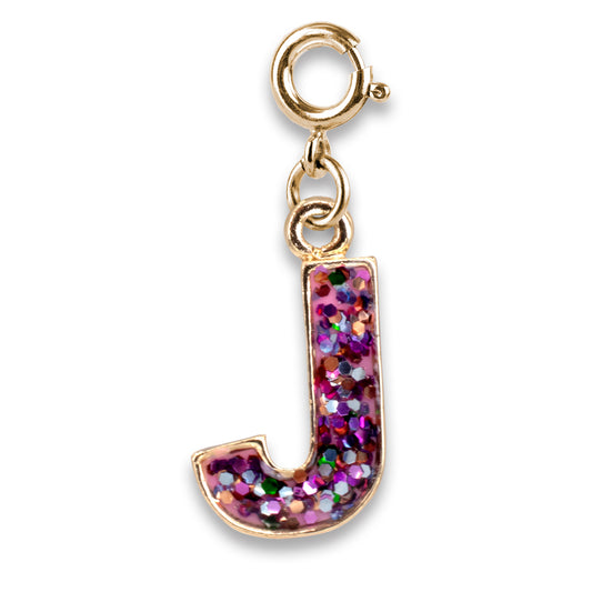 Gold charm with letter 'J' made of colorful glittery material on a white background