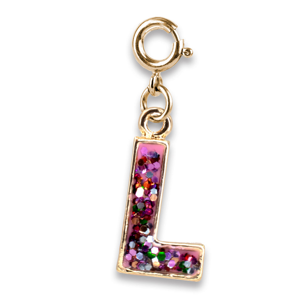 Gold charm with a multicolored 'L' on a white background