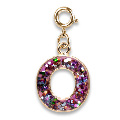 Gold charm with a multicolored glittery circle on a white background