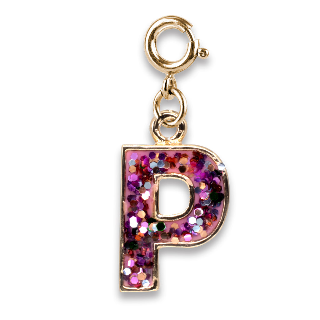 Gold charm with a glittery letter 'P' on a white background