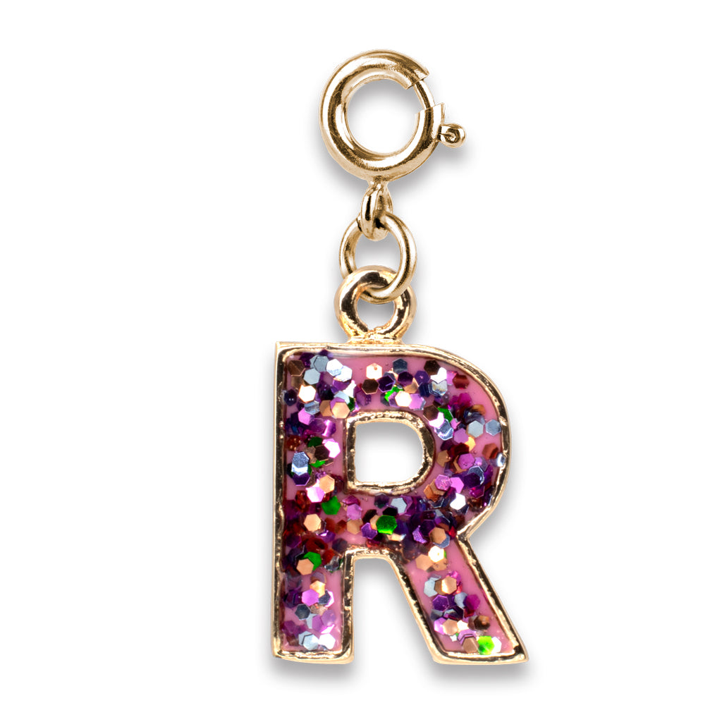 Gold charm with a glittery letter 'R' on a white background
