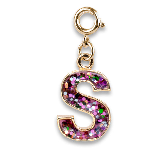 Gold charm with a pink glittery letter 'S' on a white background