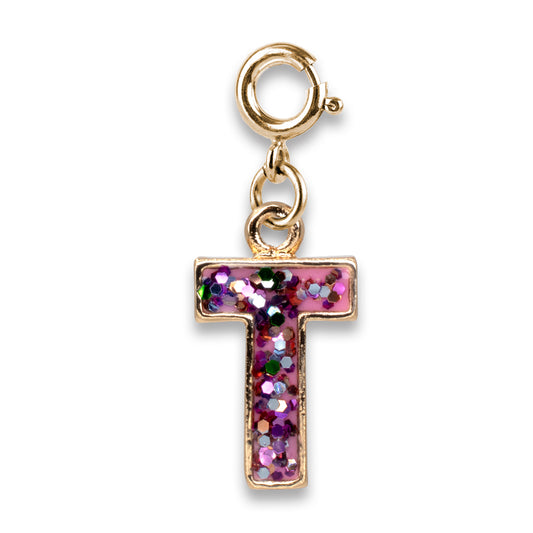 Gold charm with a pink glittery letter 'T' on a white background