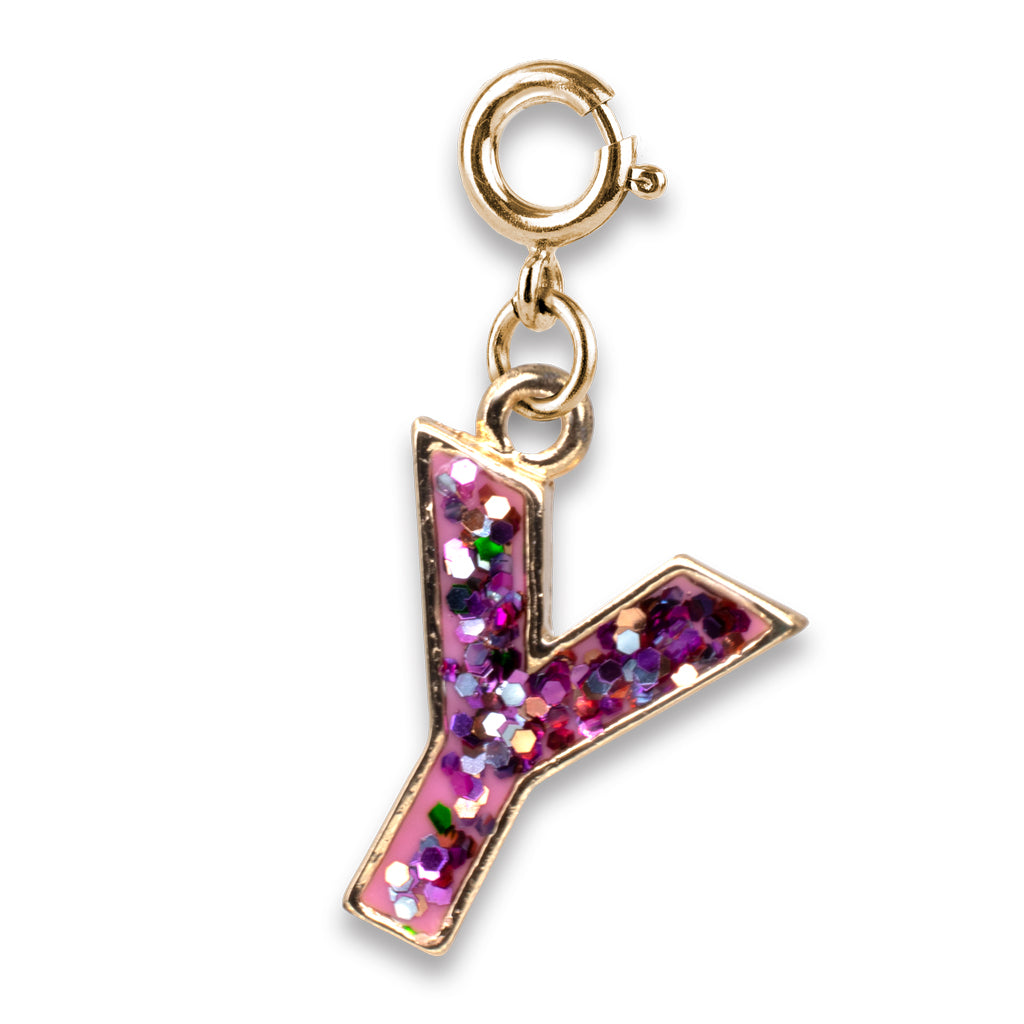 Gold charm with a pink glittery letter 'Y' on a white background