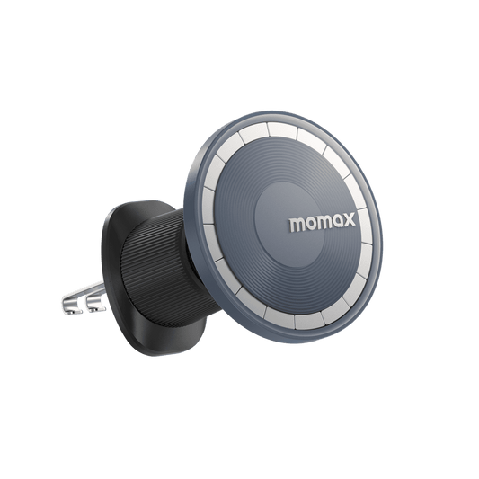 Car air vent mount with Momax logo on a transparent background