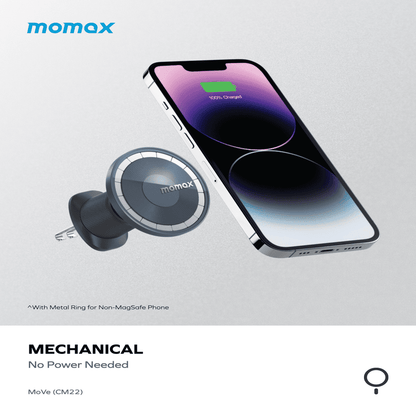 Momax mechanical charging device with smartphone on a light gray background