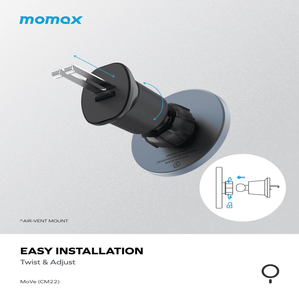 Air-vent mount with twist and adjust feature on a gray background, featuring the momox brand.