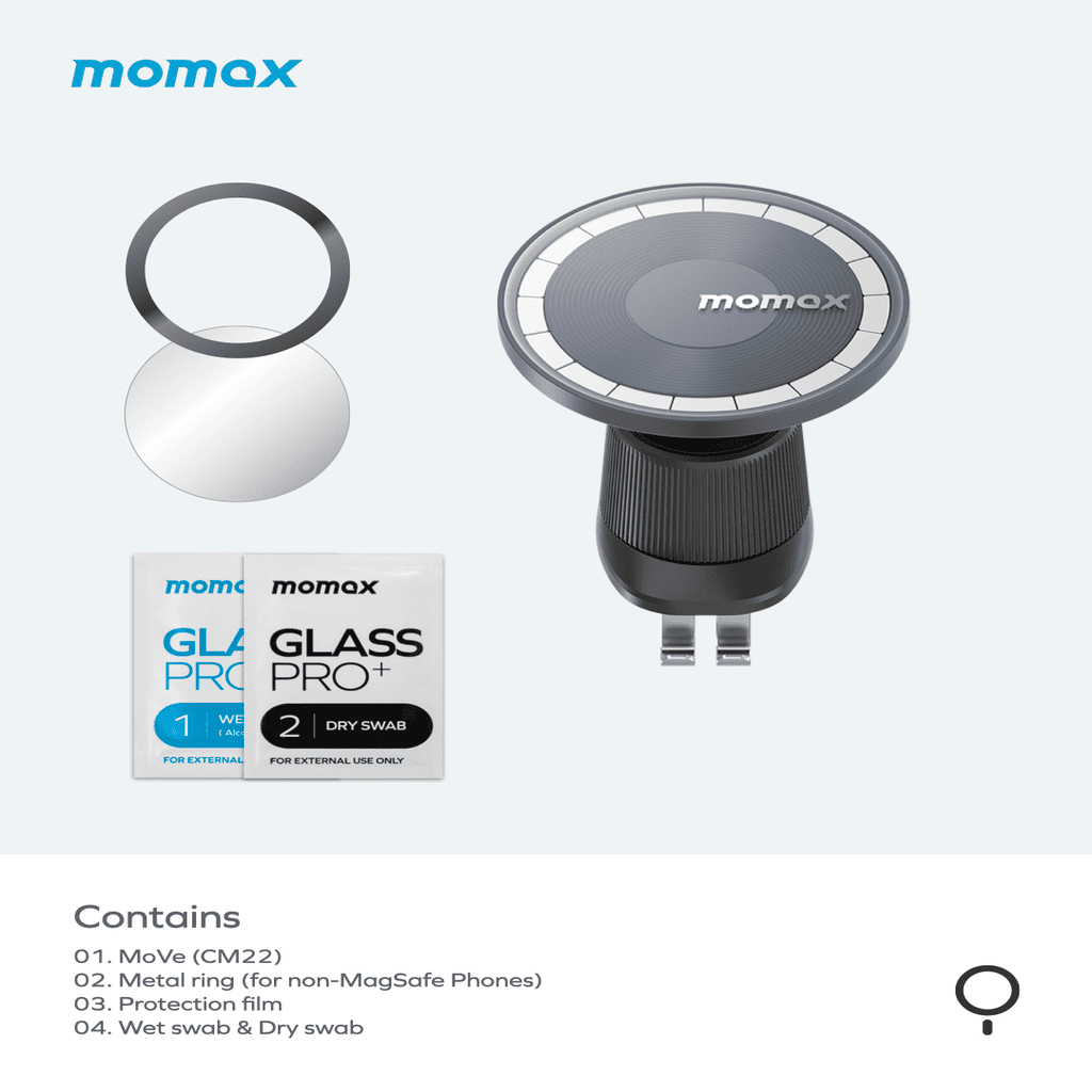 Momax car mount, metal ring, glass pro+ film, and swabs on a white background