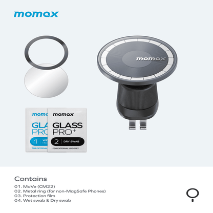 Momax car mount, metal ring, glass pro+ film, and swabs on a white background