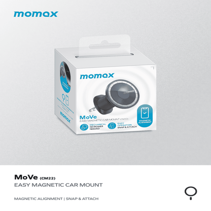 Momox MoVe easy magnetic car mount packaging on a light gray background