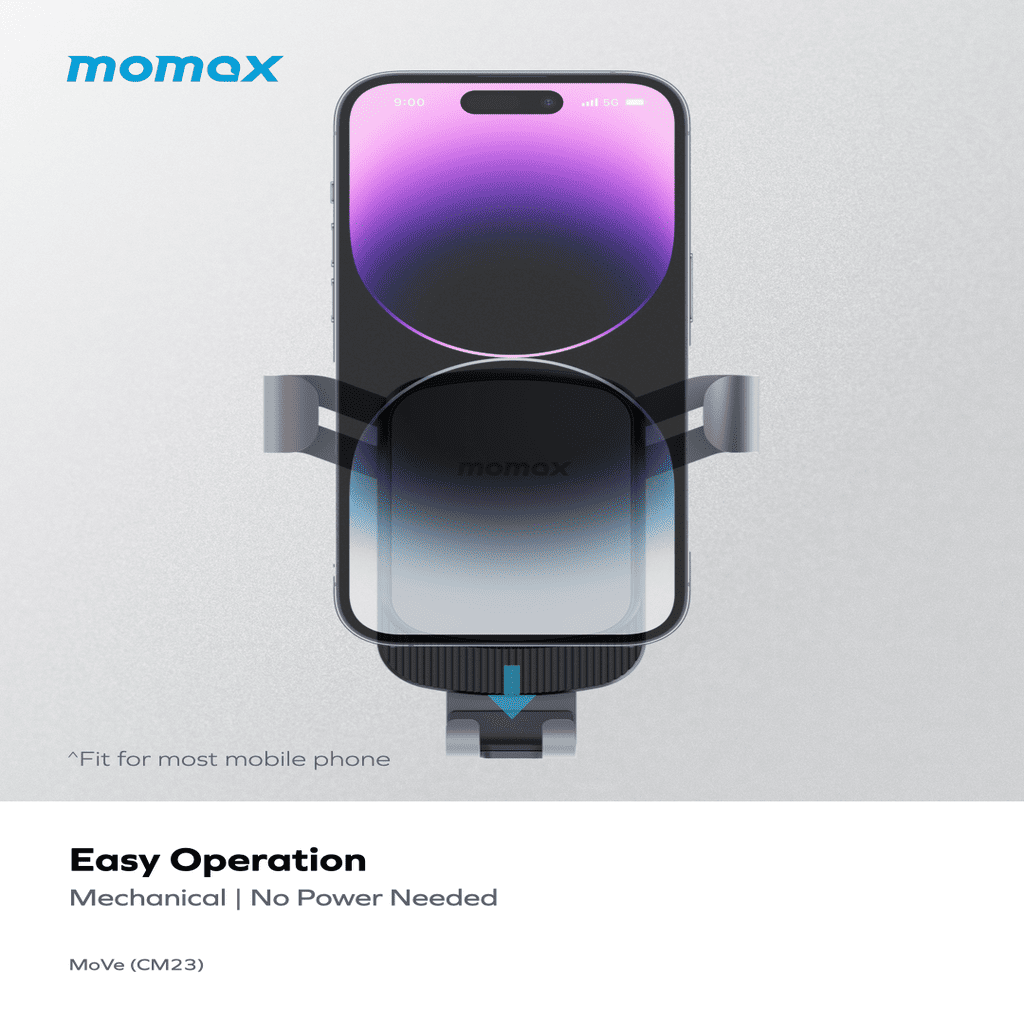 Momax phone holder with smartphone on a light gray background