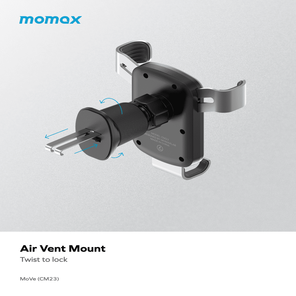 Air vent mount with 'momax' branding on a light gray background