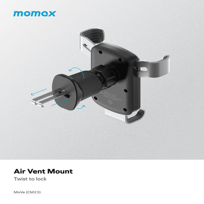 Air vent mount with 'momax' branding on a light gray background