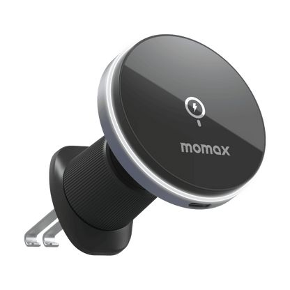 Black car mount with 'momax' branding on a clear background