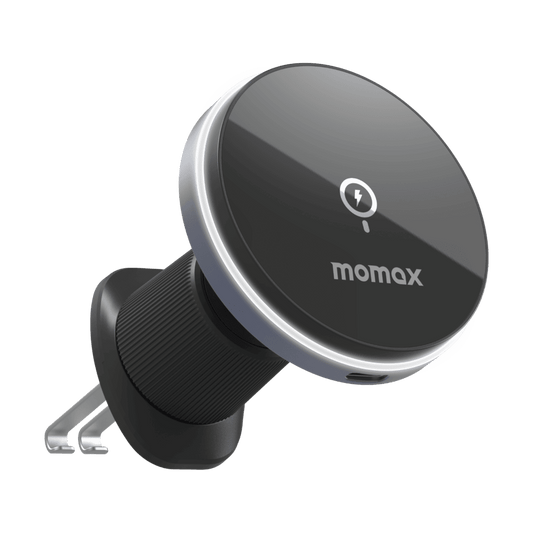 Black car mount with 'momax' branding on a clear background