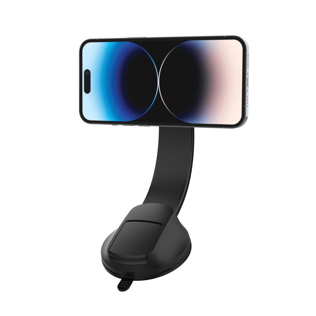 Phone holder with smartphone displaying colorful screen on a transparent background