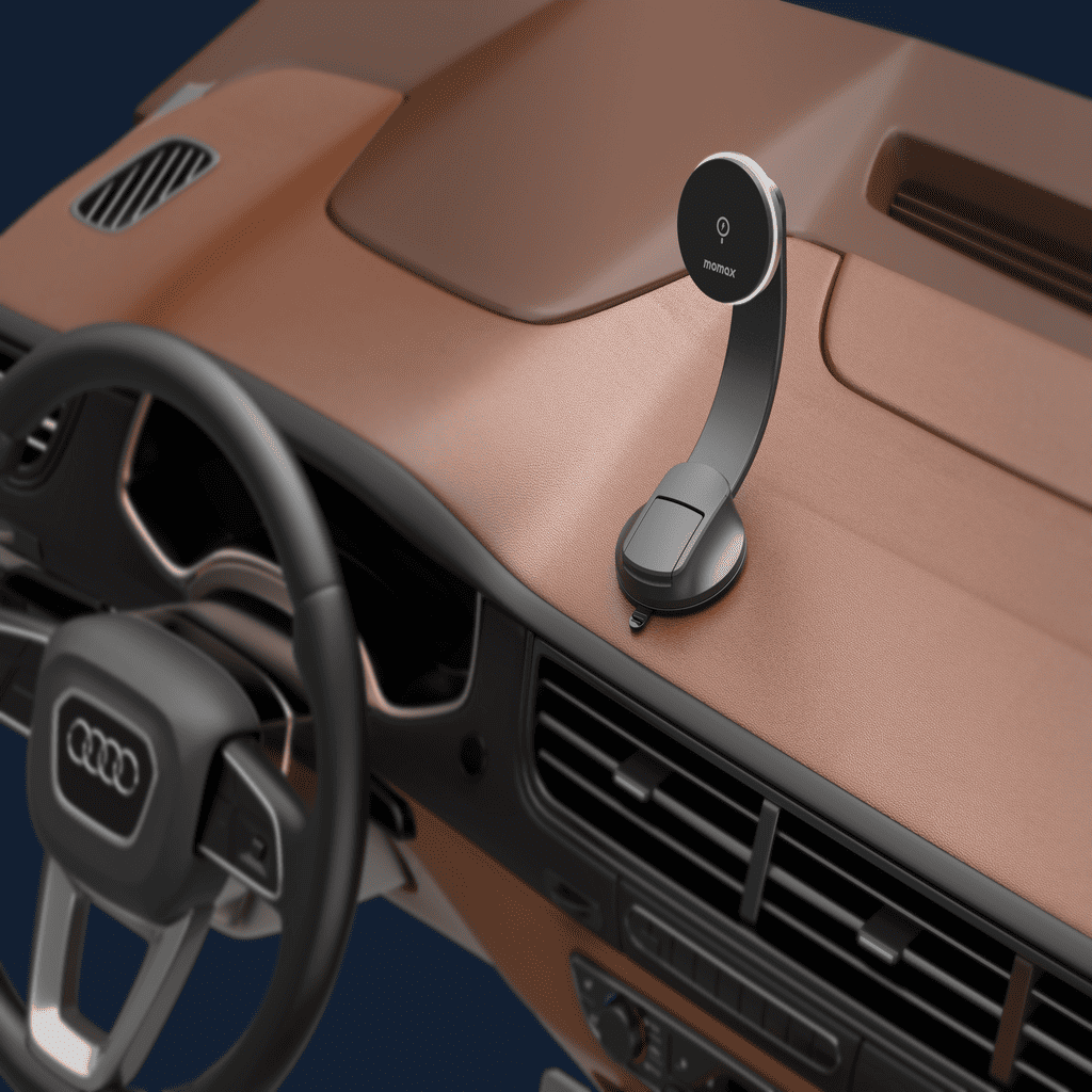 Car dashboard with a smartphone mount and Audi steering wheel