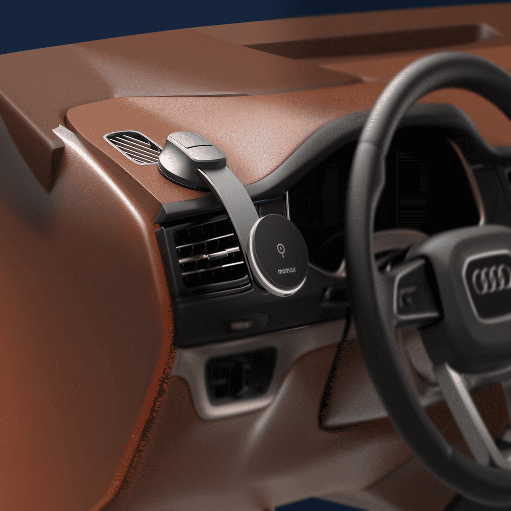 Close-up of a car's interior with a steering wheel and dashboard, featuring the Audi logo.