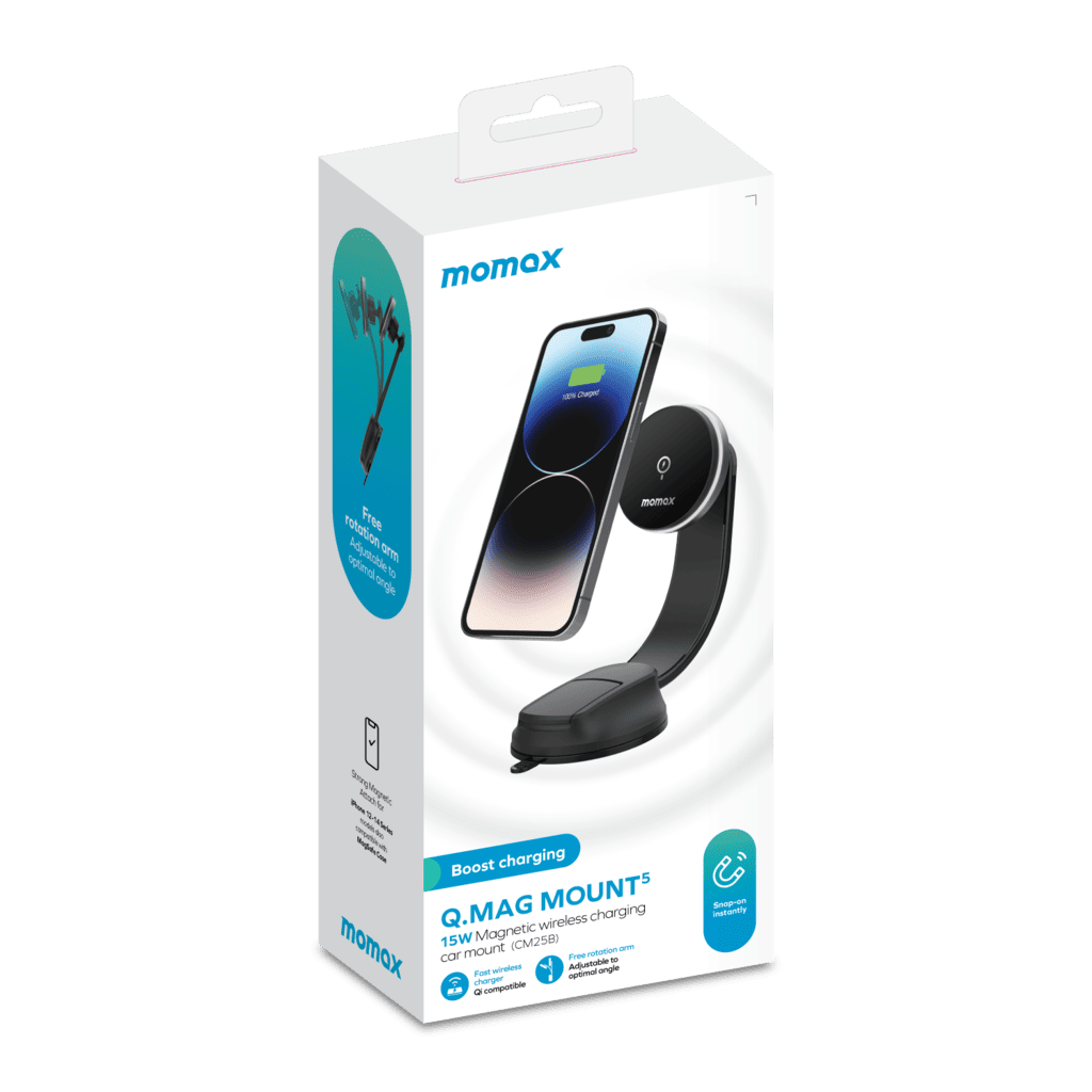 Momax Q.MAG MOUNT magnetic wireless charging device packaging on a white background