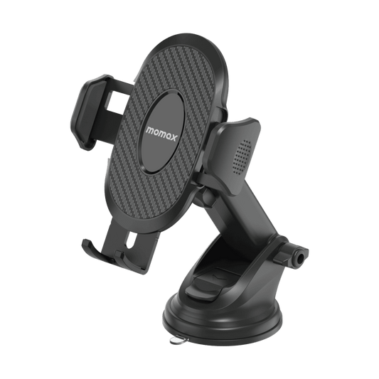 Black car phone holder with 'momax' branding on a transparent background