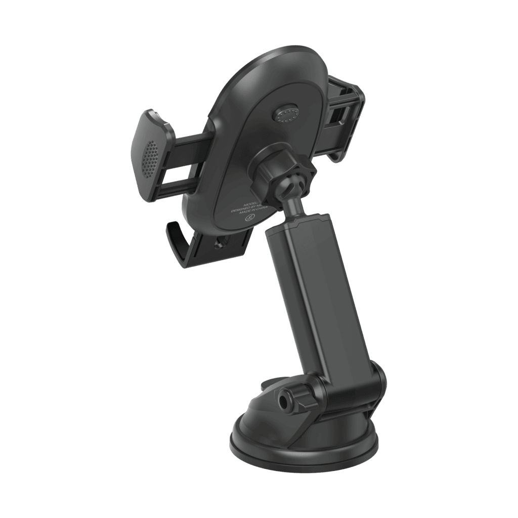 Black car phone mount with adjustable arm on a transparent background