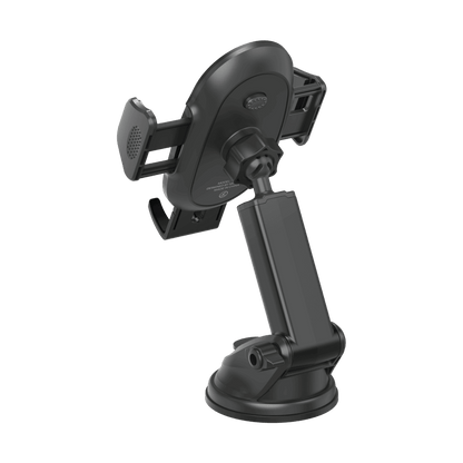 Black car phone mount with adjustable arm on a transparent background
