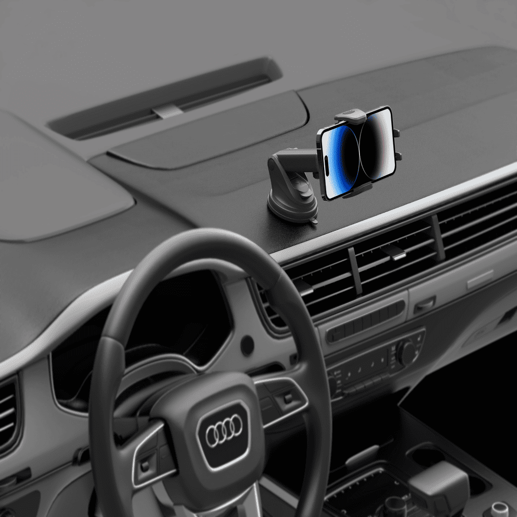 Car dashboard with a smartphone holder and steering wheel of an Audi car.