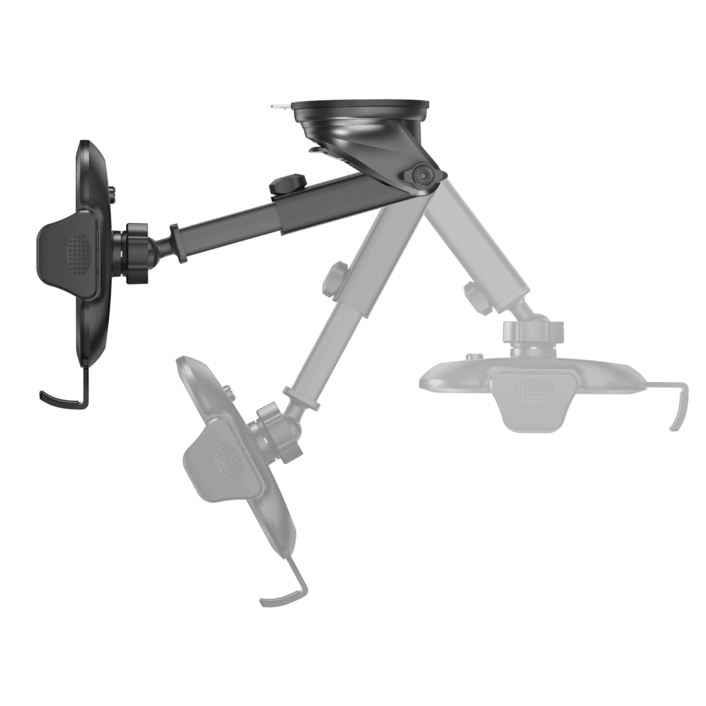 Multi-device mount with three suction cups on a transparent background