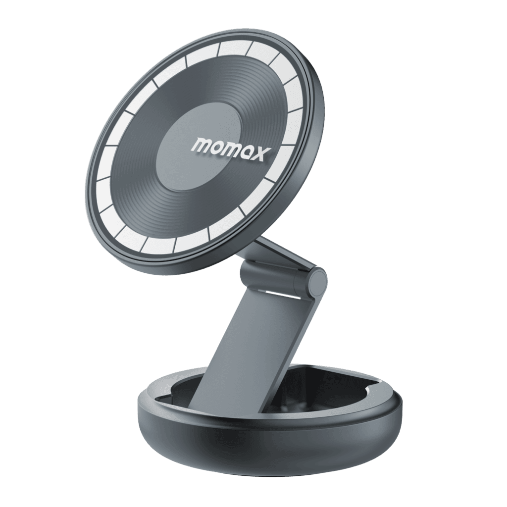 Black phone holder with Momax logo on a transparent background