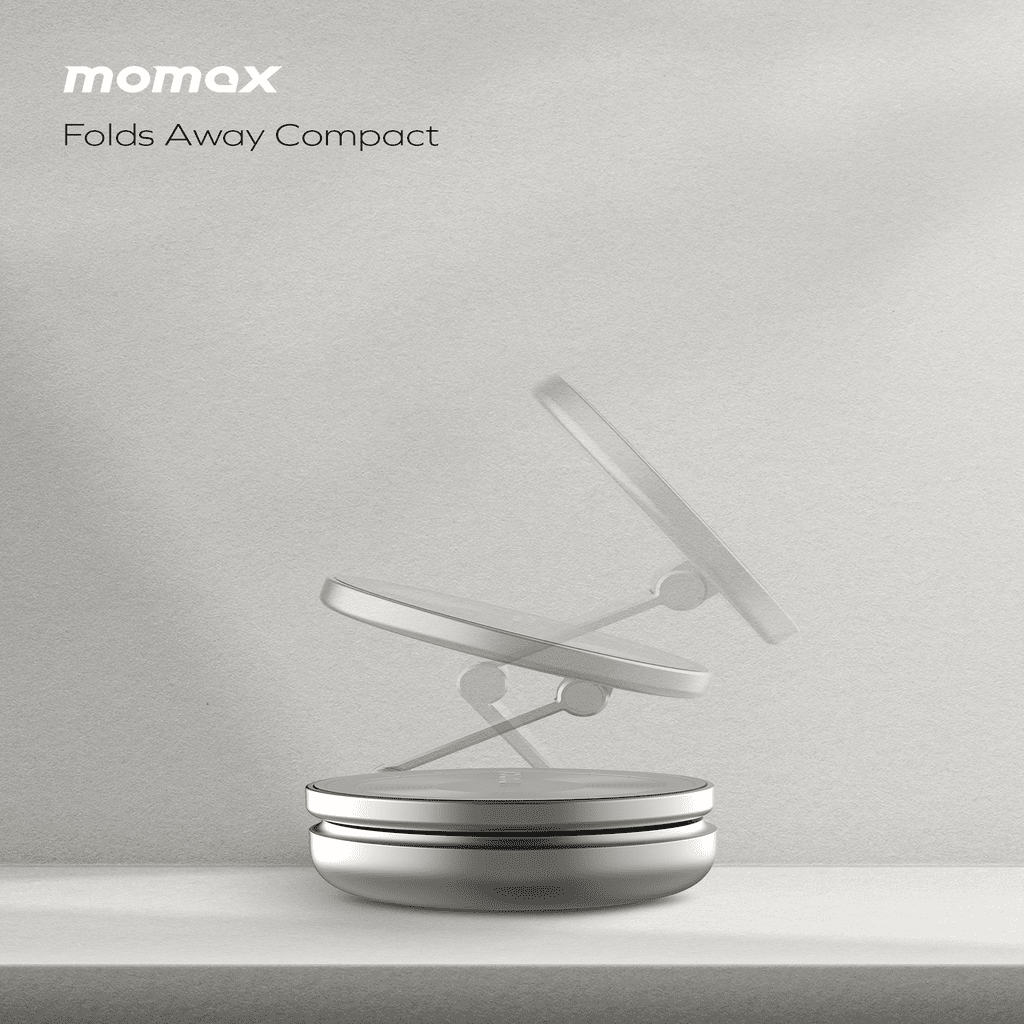 Compact folding device with Momax branding on a gray background