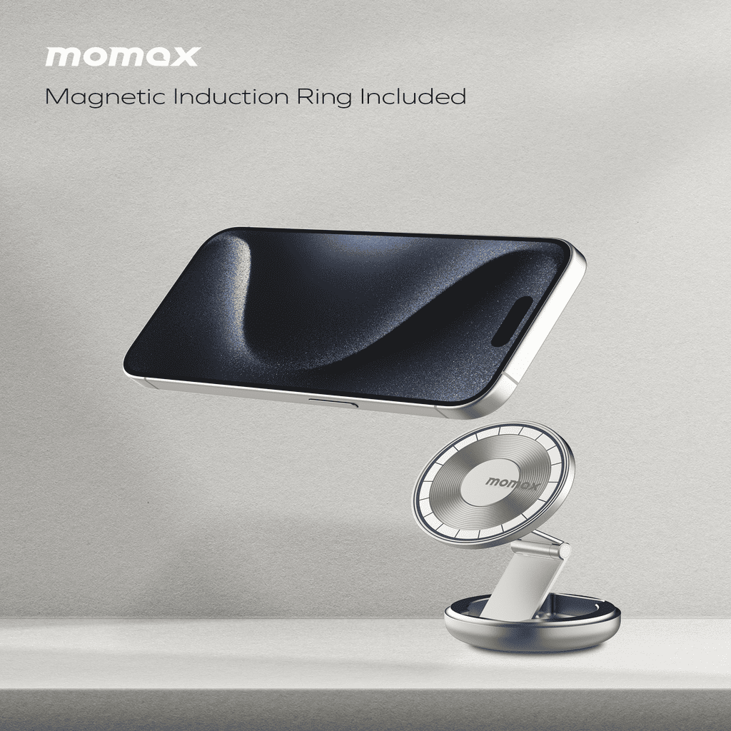 Momax magnetic induction ring and phone stand on a gray background