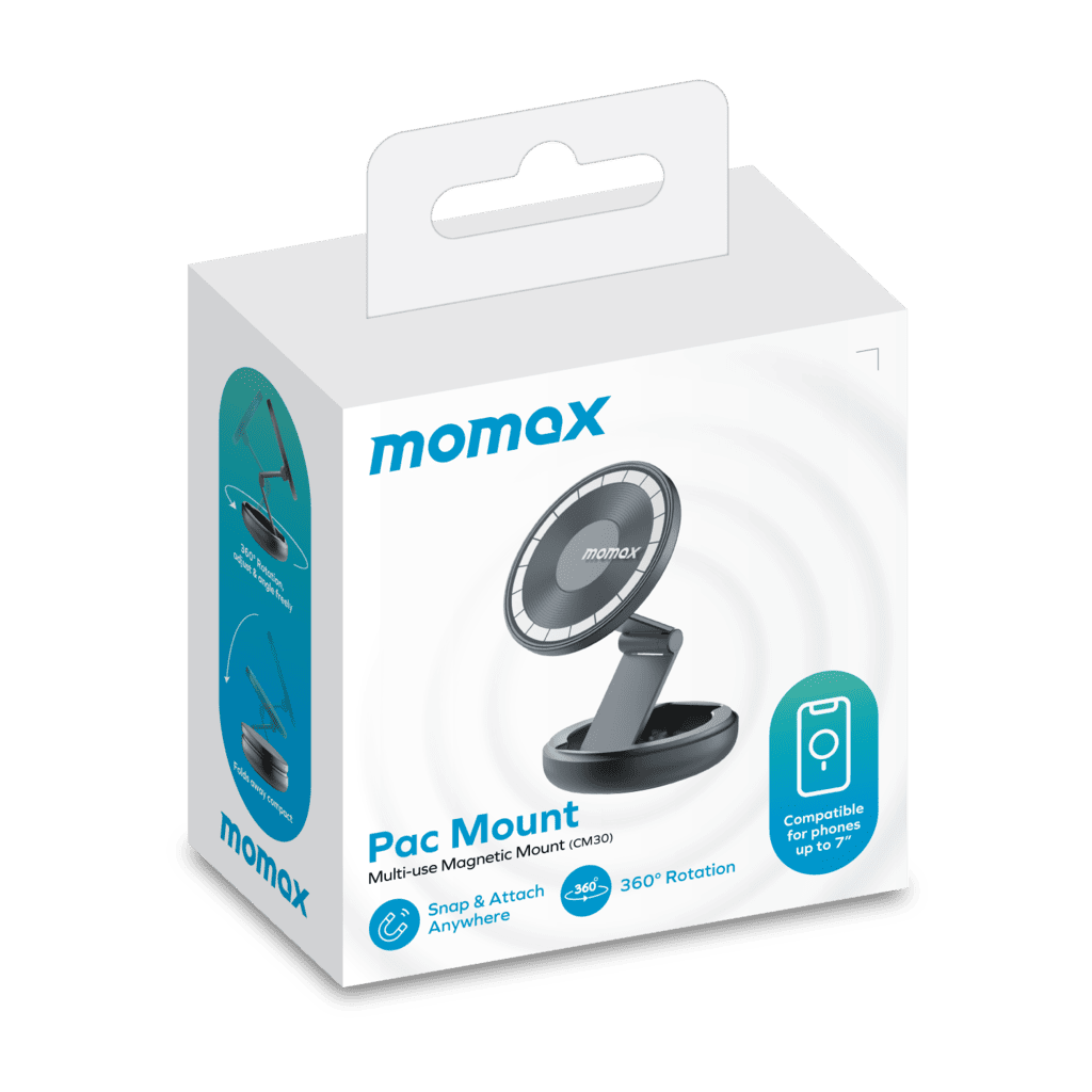 Momax Pac Mount packaging with car mount and USB cable illustration on a white background