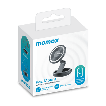 Momax Pac Mount packaging with car mount and USB cable illustration on a white background
