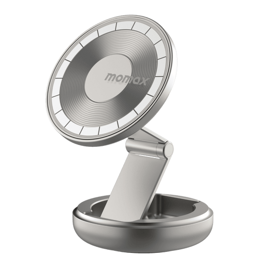 Silver phone stand with 'momax' branding on a green background