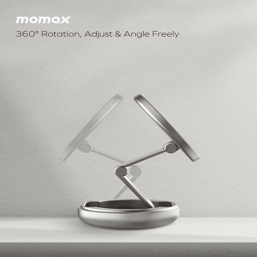 Silver adjustable desk lamp with 'momax' branding on a light gray background