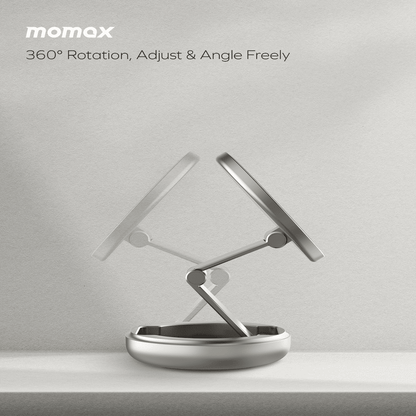 Silver adjustable desk lamp with 'momax' branding on a light gray background